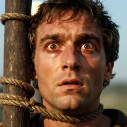1 9 7 0 s movie still close - up of marcus atilius regulus'face tied with ropes at a pole with wide large - open eyes looking directly at the burning sun, his eyes are bleeding intense, cinestill 8 0 0 t 3 5 mm, high quality, heavy grain, high detail, texture, dramatic light