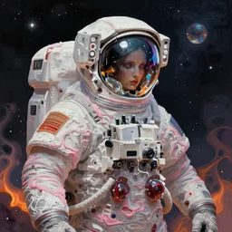 a photorealistic portrait of a monstrous female astronaut, visions of a mirrored droplet, crystal, impasto, smoky swirls of pink cream, rejected, a gate to infinity, fire, paint splashes, warm inhuman, beyond the stars into the void, vector art, detailed digital matte painting by simon stalenhag and greg rutkowski
