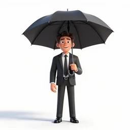 cheerful businessman with umbrella, stylized pixar-style 3d render, full body, standing, isolated on a pure white background, centered, whole figure in frame, sharp focus, studio lighting
