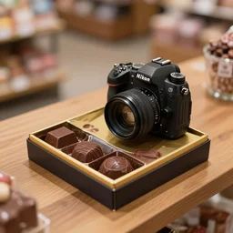 5 5 mm photo camera from above, of freshly chocolate by phillip ashley in gift boxe on a wooden table in a candy store. dof. bokeh. magical atmosphere. art by greg rutkowski. highly detailed 8 k. intricate. lifelike. soft light. nikon d 8 5 0.