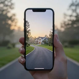Beautiful cameraphone, soft liminal Photograph of an estate road, early morning, small estate-flat