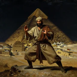 a close portrait of a charismatic egyptian / arabic style kung fu - monk on top of a pyramid overlooking the ancient monumental egyptian city, night - time, chiaroscuro, cinematic dark mood, an orientalist pre - raphaelite oil - painting by john everett millais