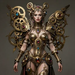 A steampunk beautiful goddess, she is kinky, she is embellished with gears wheels and gemstones, by William Holman Hunt, Greg Rutkowski, Stanely Artgerm, Tooth Wu, Peter Gric, Aaron Horkey, trending on Artstation, digital art, mythological, symmetrical artwork, cinematic lighting, hyper realism, high detail, octane render, ultra realistic, golden ratio, 4k, 8k