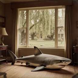giant shark on the floor inside of a warmly - lit victorian - era home, looking out the window into a large front yard populated with willow trees, faded daguerreotype, 1 9 1 0 s photography