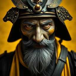 portrait old samurai hero, cyberpunk, vibrant yellow colors, surreal, french baroque style by alexander mcqueen, hyper detailed, realistic cinematic, leica 1 9 2 0, black and white
