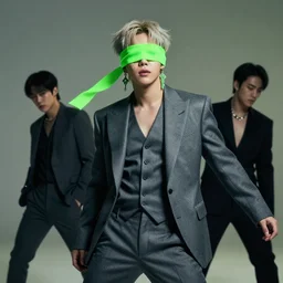 harmony of, mute, jimin dancing wearing a blind fold, neon green tears ( portrait of bts jimin blood sweat & tears wearing super extra fancy grey suit & earrings ) by wlop, james jean, victo ngai, beautifully lit, muted colors, highly detailed, fantasy art by craig mullins, thomas kinkade