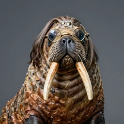 zoology portrait of walrus with long hair wearing round glasses like john lennon by jean - baptiste monge