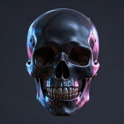 portrait of a glossy black robot skull head, blue and pink highlights, digital art, artstation