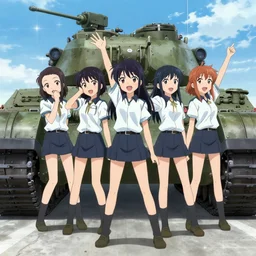 crew of anime girls posing triumphantly next to their tank