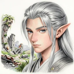 a silver haired elf exploring the ruins of a city reclaimed by nature, finely illustrated face, highly detailed, colored pencil, studio ghibli, tankobon, in the style of ilya kuvshinov and krenz cushart and william - adolphe bouguereau and alphonse mucha