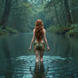 forest nymph rising from the water. view from behind, back view. nuri iyem, james gurney, james jean, greg rutkowski, anato finnstark. award winning photography, cinematic, clear, love