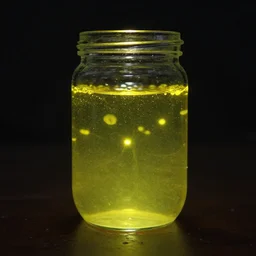A jar of fireflies in a dark room, global illumination, pathtracing