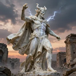 ancient biblical statue of a diabolical marble cyborg, wearing torn white cape, dynamic pose, thunder, glowing eyes, post apocalyptic ancient ruins, glowing veins subsurface scattering, in clouds, sunset, portrait, by gerald brom, by mikhail vrubel, by peter elson, muted colors, extreme detail, trending on artstation, 8 k