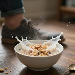 a shoe splashes into a bowl of cereal, cinematic lighting