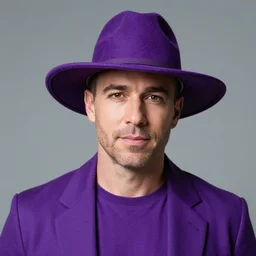 portrait photo still of real life craig tucker wearing a purple hat and purple clothes, 8 k, 8 5 mm, f. 1 4