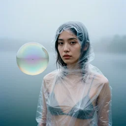 a closeup portrait of a woman wrapped in plastic, standing next to a levitating iridescent vinyl orb, in a foggy lake, color photograph, by vincent desiderio, canon eos c 3 0 0, ƒ 1. 8, 3 5 mm, 8 k, medium - format print