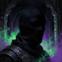 a close - up view portrait of a silhouetted supernatural balaclava in brutalist halls with metallic alien technology. close - up view, detailed textures. glowing green purple fog, dark black background. highly detailed fantasy science fiction painting by moebius, norman rockwell, frank frazetta, and syd mead. rich colors, high contrast
