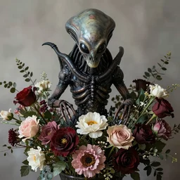 An alien facehugger hiding in a bouquet of flowers, hi-res photo, gothic vibe, complex composition