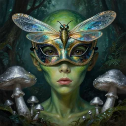 a close - up neoclassicist portrait of a big - eyed alien boy with green skin wearing an iridescent venetian carnival dragonfly mask surrounded by silver mushrooms in a dark jungle. reflective textures. glowing fog in the background. highly detailed fantasy science fiction painting by norman rockwell, frank frazetta, and syd mead. rich colors, high contrast, gloomy atmosphere, dark background. artstation