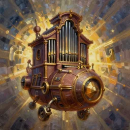 oil painting of a pipe organ pirate spaceship in hollow knight style