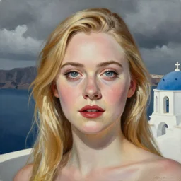 professional painting of Elle Fanning in Santorini in the style of Eleanor Fortescue-Bricksdale, head and shoulders portrait, symmetrical facial features, smooth, sharp focus, illustration, intricate, stormy weather, extremely detailed masterpiece,