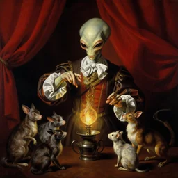 a baroque portrait painting of an alien magician performing magic on animals. dark red curtains, black background. highly detailed science fiction painting by norman rockwell, moebiucs, frank frazetta, and syd mead. rich colors, high contrast. artstation
