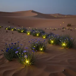 fireflies in a sandy desert inspired by Evgeny Lushpin,flower meadow,spring,cinematic,trending on ArtStation