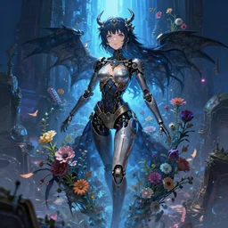 detailed, sharp, dreaming humanoid female automata wearing gothic ornament surrounded by flowers floating above a dystopia by Ilya Kuvshinov and Anna Dittmann and studio ghibli and WLOP and Rossdraws, digital art, surreal, trending on artstation, anime arts, featured on Pixiv, blue lighting, HD, 8K, highly detailed, good lighting, beautiful, epic, masterpiece