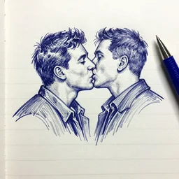 a ballpoint pen drawing on lined paper of two men about to kiss
