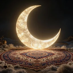 giant shining crescent clearly seen, magic fluffy persian carpet dimension, by greg rutkowski, dim lighting, beautiful volumetric - lighting - style atmosphere, surreal atmosphere, intricate, detailed, photorealistic imagery, trending artstation