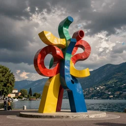 huge colorful plastic sculpture by eduardo chillida intricated and heading to the sky. located on locarno lakeside