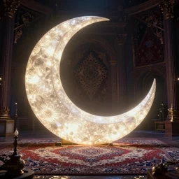 giant shining crescent in a magic fluffy persian carpet dimension, by greg rutkowski and gaston bussiere, dim lighting, beautiful volumetric - lighting - style atmosphere, surreal atmosphere, intricate, detailed, photorealistic imagery, artstation