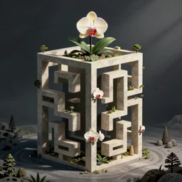 brutalist labyrinth infinity tower with orchid. karl blossfeldt, escher