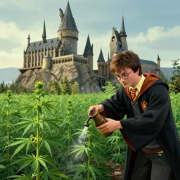 harry potter watering a marijuana plant field in front of hogwarts, digital illustration, in the style of greg rutkowski, very detailed, artstation, smooth, cinematic, sharp