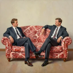oil painting of couch made out of meat, business men sitting and talking,