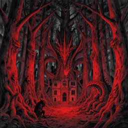 detailed landscape of a forest in hell by takeshi obata, hell, dragons!!, red and black!!, colored!!, abandoned building, forest, big trees with faces!!, scary faces, small demons!!, shadows screaming!!, night sky, highly detailed, cgsociety, artstation, pencil and ink, very detailed