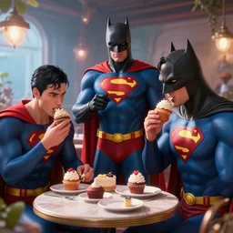 supermen and batman in cafe eating cupcakes, unreal engine, digital, artstation, detailed body, heavenly atmosphere, digital art, overdetailed art, trending on artstation, cgstudio, the most beautiful image ever created, dramatic, award winning artwork, beautiful scenery