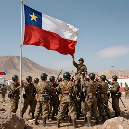 pacific war chilean epic soldiers taking over the morro de arica planting a chilean flag over it marking the end of the war, cinematic 8 k, full color, highly detailed