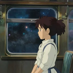 a girl in a train with a view of outer space visible through the window, art by hayao miyazaki, studio ghibli film, hi res, 4k, high detail