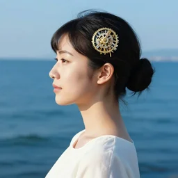 portrait of japanese woman :: side profile :: in ocean :: clockwork details :: gold :: blood and roses ::  by MARVEL comics and Sandra Chevrier
