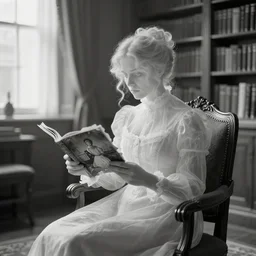 long shot, monochromatic photography of an eerie see - through vision of a victorian woman reading, in a chair in a well - lit library room, crumpled torn photograph, detailed, 2 4 mm, 8 k