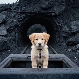 puppy riding vehicle into coal mine, photo from 1 9 9 8,