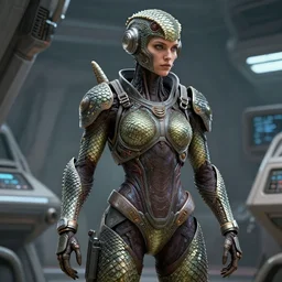 epic professional digital art of female starship mechanic, covered in reptilian scales, by leesha hannigan, iris van herpen, artstation, cgsociety, wlop, epic, much wow, much detail, gorgeous, detailed, masterpiece