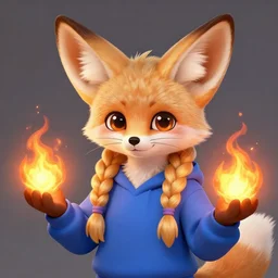 furry art of a fennec fox character with long braided blond hair and holding fireballs in his hands and wearing a blue sweatshirt, digital painting, detailed, cute, big intelligent eyes, high resolution, trending on furaffinity