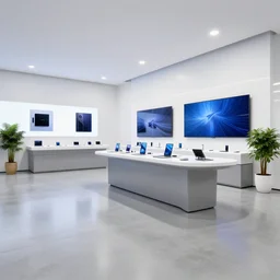 hyperdetailed samsung store, polished concrete, white walls, digital screens, curved furniture, potted plants.