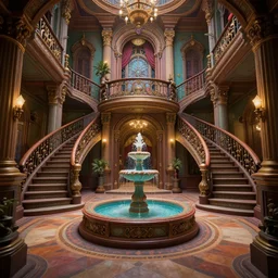 steampunk mansion entrance interior, stairs, symmetric, fountain, colorful, contrast, depth of field, 3 d scene, render, greg rutkowski, zabrocki, karlkka, jayison devadas, trending on artstation, 8 k, ultra wide angle, zenith view, pincushion lens effect