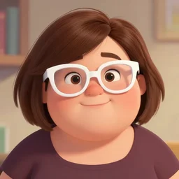 portrait of a curvy stocky romanian woman, brown hair, messy bob, straight hair, brown eyes, round nose, low eyes, romanian, laugh lines, round face, round jaw, white glasses, glasses, big forehead, white reading glasses, illustration, cute, disney, librarian, wide shot, digital art, pixar, loish, 8 k, trending on artstation