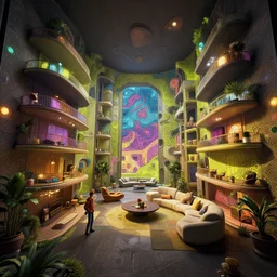 cyberpunk apartment interior overview mapa design, Moebius, Greg Rutkowski, Zabrocki, Karlkka, Jayison Devadas, Phuoc Quan, trending on Artstation, 8K, ultra wide angle, pincushion lens effect.