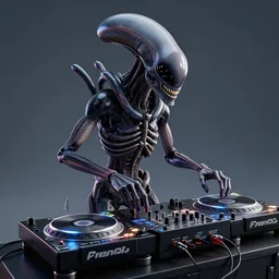3d render of photoreal xenomorph alien DJing with DJ turntables, unreal