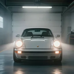 photo of a porsche 911 standing in a garage with its headlights turned on, mist, volumetric light, 4k